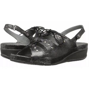 WOLKY Bombi Lace Up Leather Sandals in Black Silver Caviar - Size EU 38 / US 7